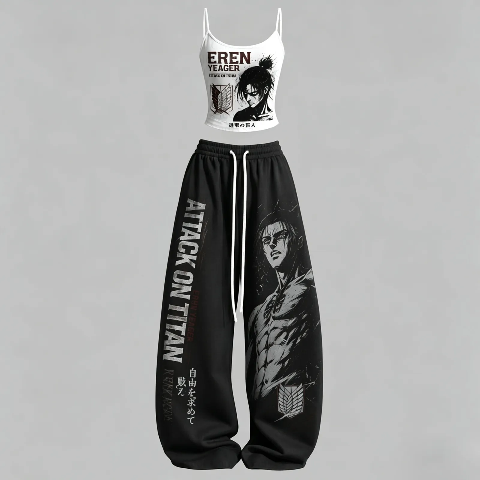 Attack on Titan Eren Yeager Cami Crop Top and Wide Leg Trousers Two-Piece Set, White Black Wings of Freedom Anime Lounge Outfit, Women's Co-ord