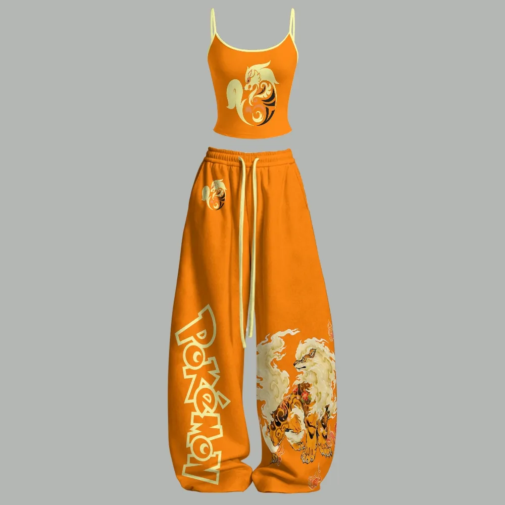 Pokémon Arcanine Cami Crop Top and Wide Leg Trousers Two-Piece Set, Women's Orange and Cream Fire Type Lounge Outfit, Anime Fan Matching Set