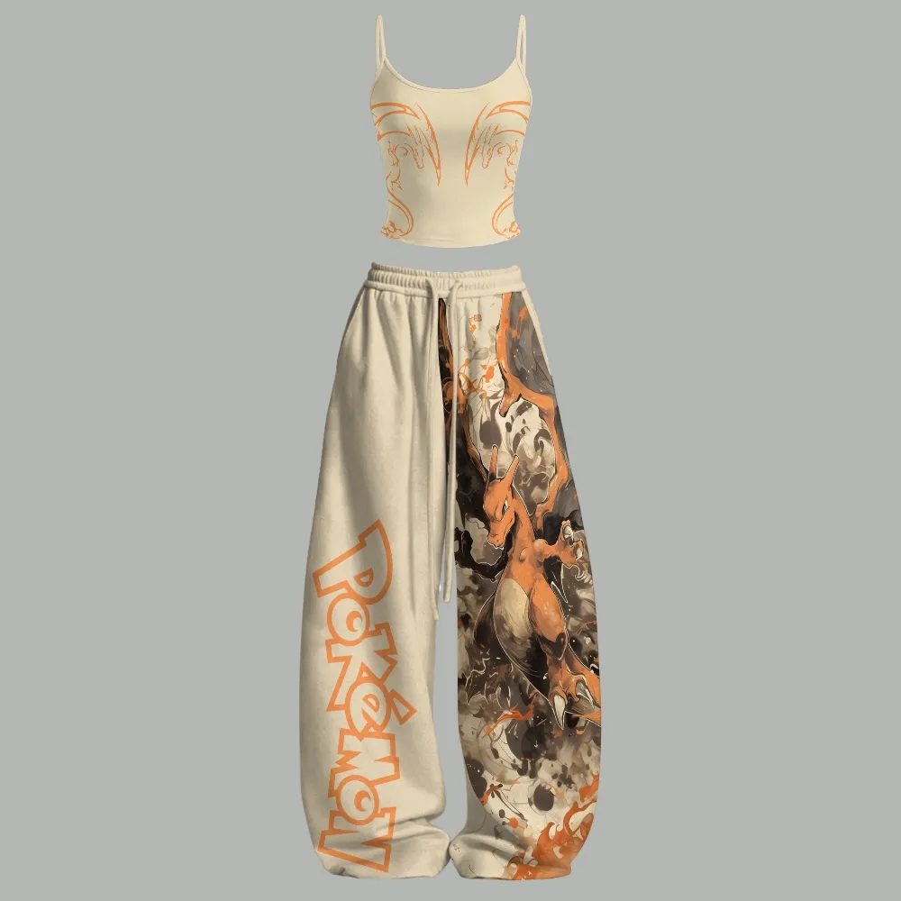 Pokémon Charizard Cami Crop Top and Wide Leg Trousers Two-Piece Set, Women's Cream and Orange Anime Lounge Outfit, Pokemon Fan Matching Set