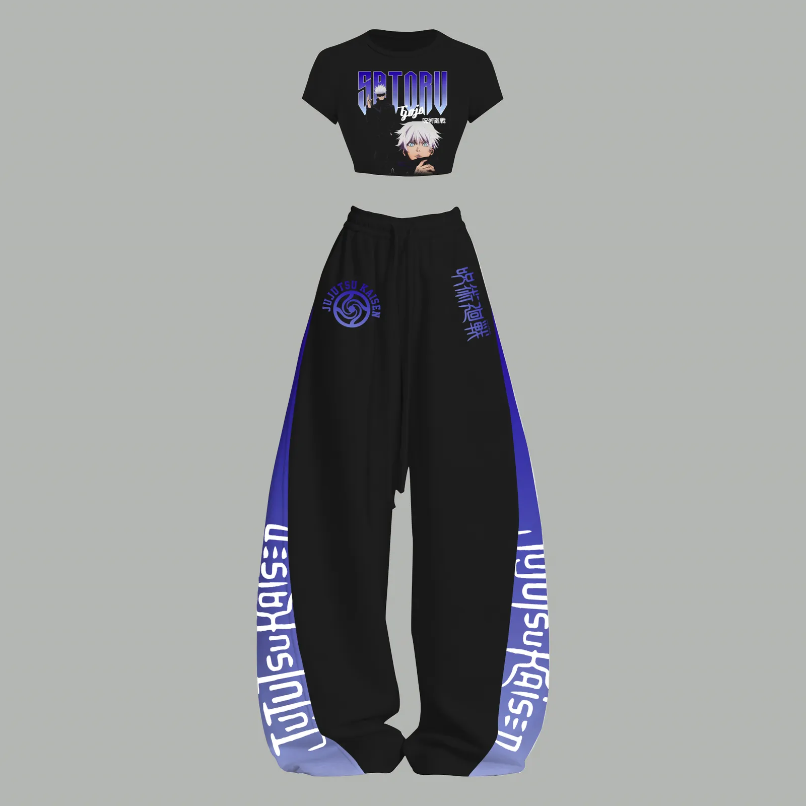 Jujutsu Kaisen Satoru Gojo Crop Tee Top and Elasticated Trousers Two-Piece Set, Women's Black and Purple Anime Lounge Outfit, JJK Matching Set