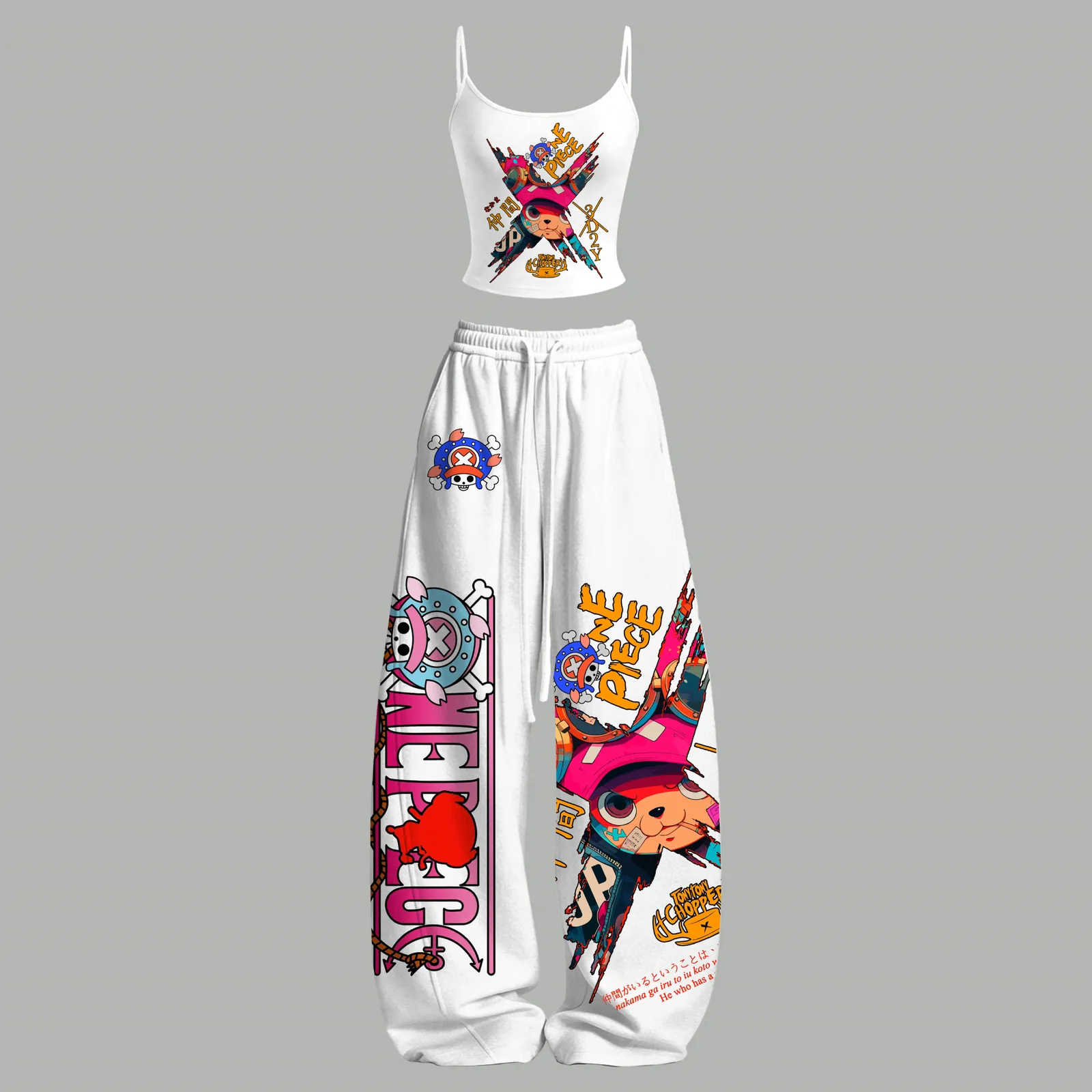 One Piece Tony Tony Chopper Cami Crop Top and Wide Leg Trousers Two-Piece Set, Women's Anime Lounge Outfit, Straw Hat Pirates Matching Set