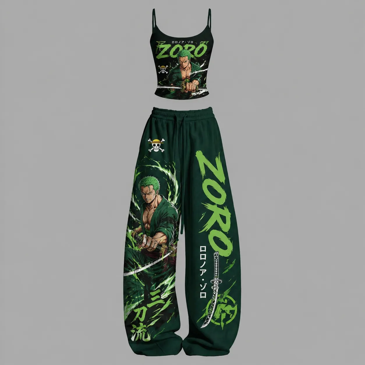 One Piece Roronoa Zoro Cami Top and Elasticated Trousers Two-Piece Set, Women's Green Anime Lounge Outfit, Straw Hat Pirates Matching Set