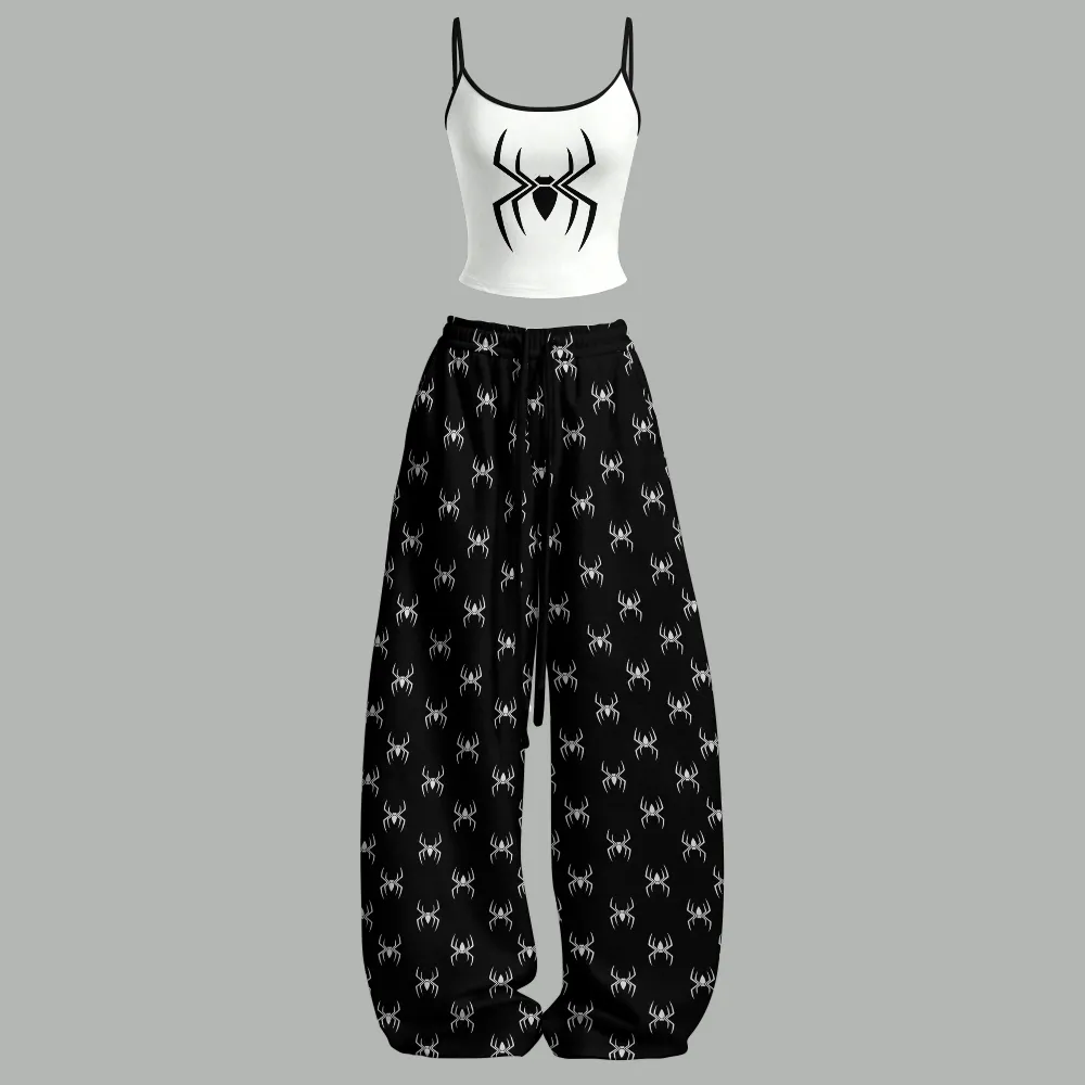 Spider-Man Emblem Cami Crop Top and Wide Leg Trousers Two-Piece Set, White and Black Repeat Pattern, Marvel Women's Lounge Outfit