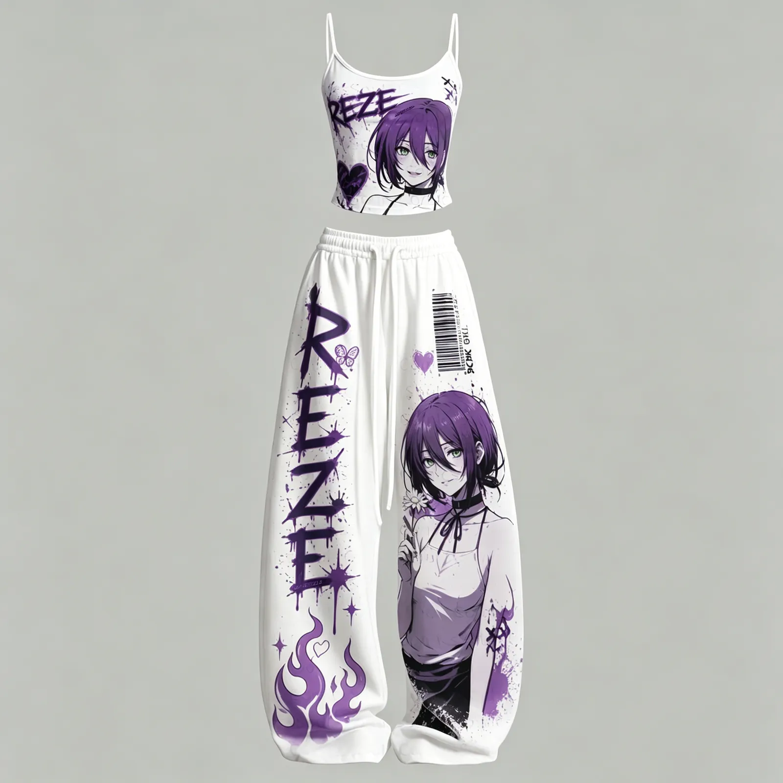 Chainsaw Man Reze Cami Crop Top and Wide Leg Trousers Two-Piece Set, Women's White and Purple Graffiti Bomb Devil Anime Lounge Outfit