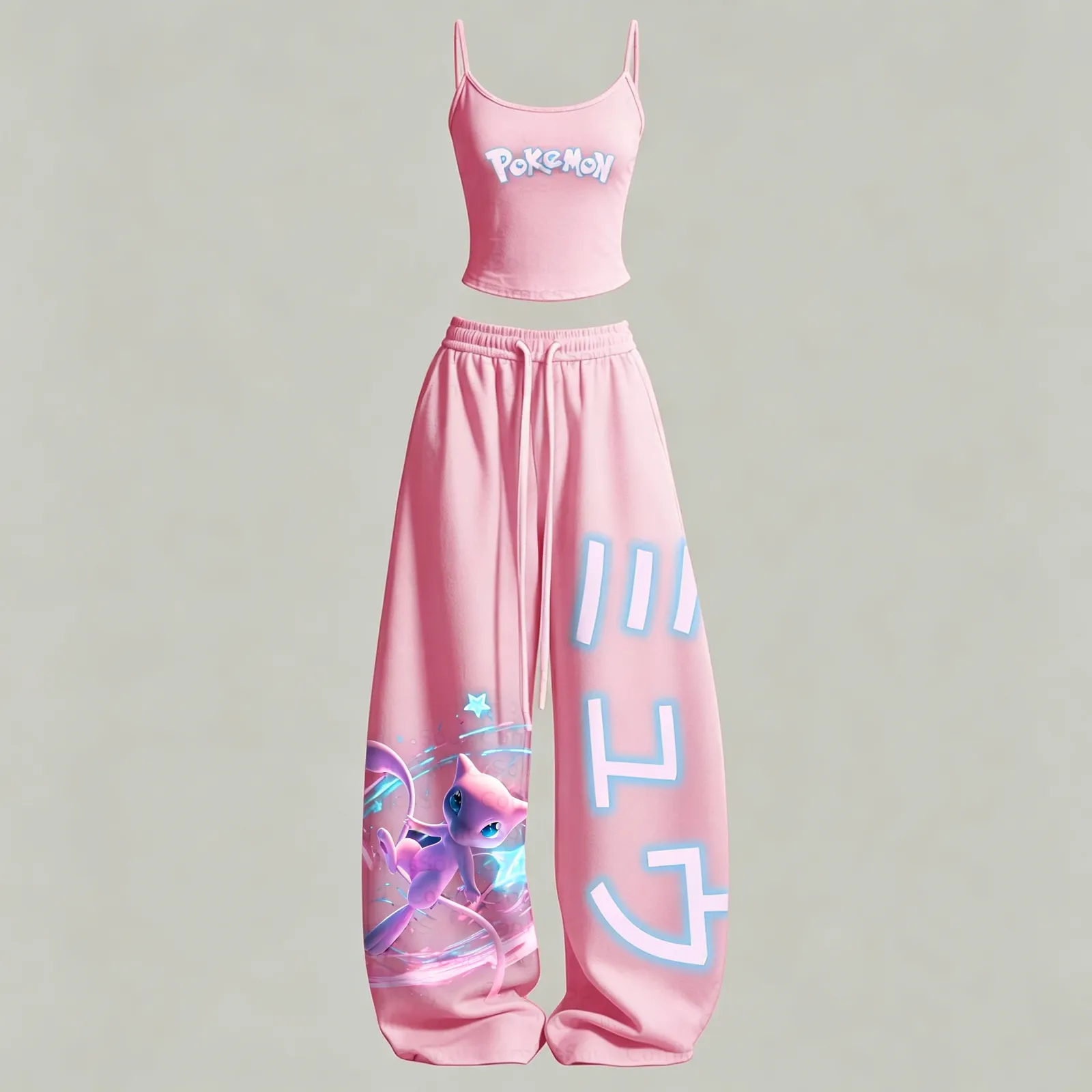 Pokémon Mew Cami Crop Top and Pink Wide Leg Trousers Set, Women's Two-Piece Lounge Outfit, Pastel Neon Psychic Mythical Kitty Matching Set
