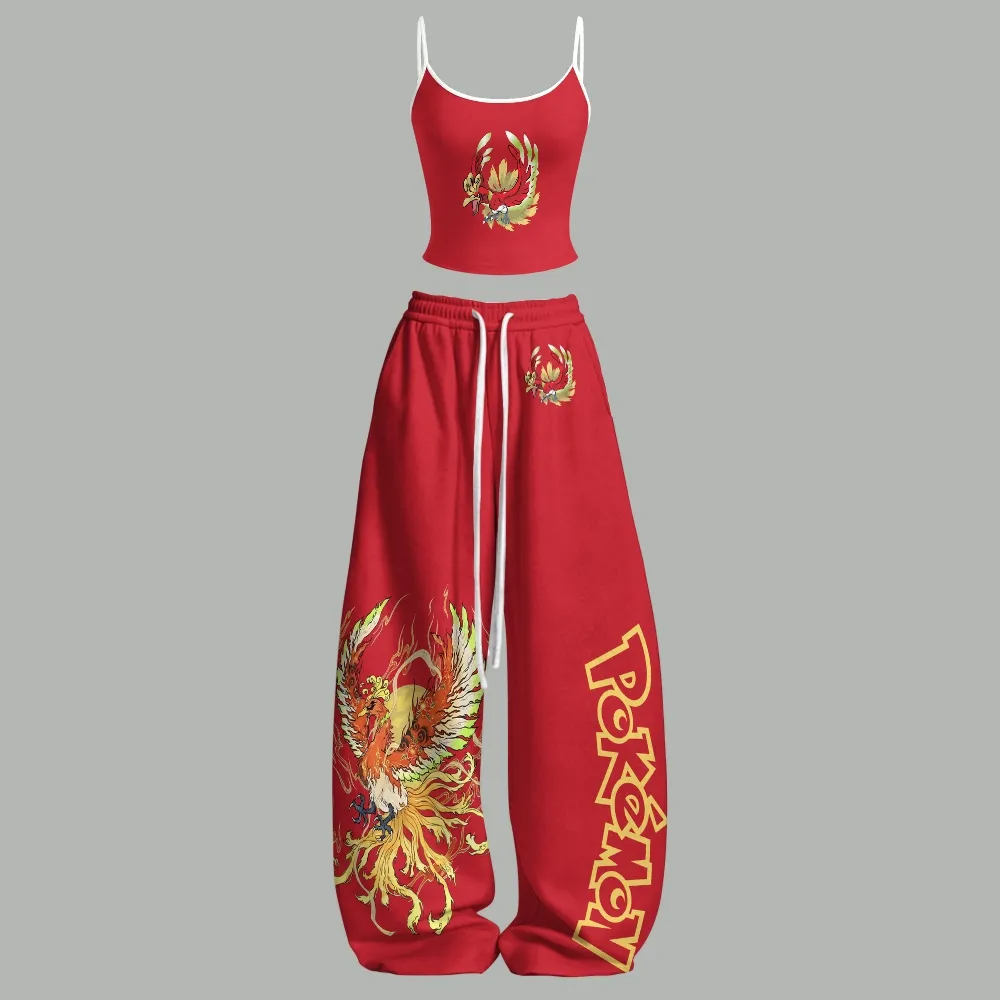 Pokémon Ho-Oh Rainbow Phoenix Cami Top and Elasticated Trousers Two-Piece Set, Women's Red and Gold Legendary Anime Lounge Outfit, Pokemon Set
