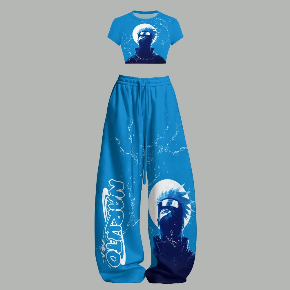 Naruto Kakashi Hatake Moonlight Crop Tee and Wide Leg Trousers Two-Piece Set, Women's Blue Hidden Leaf Ninja Anime Matching Lounge Outfit