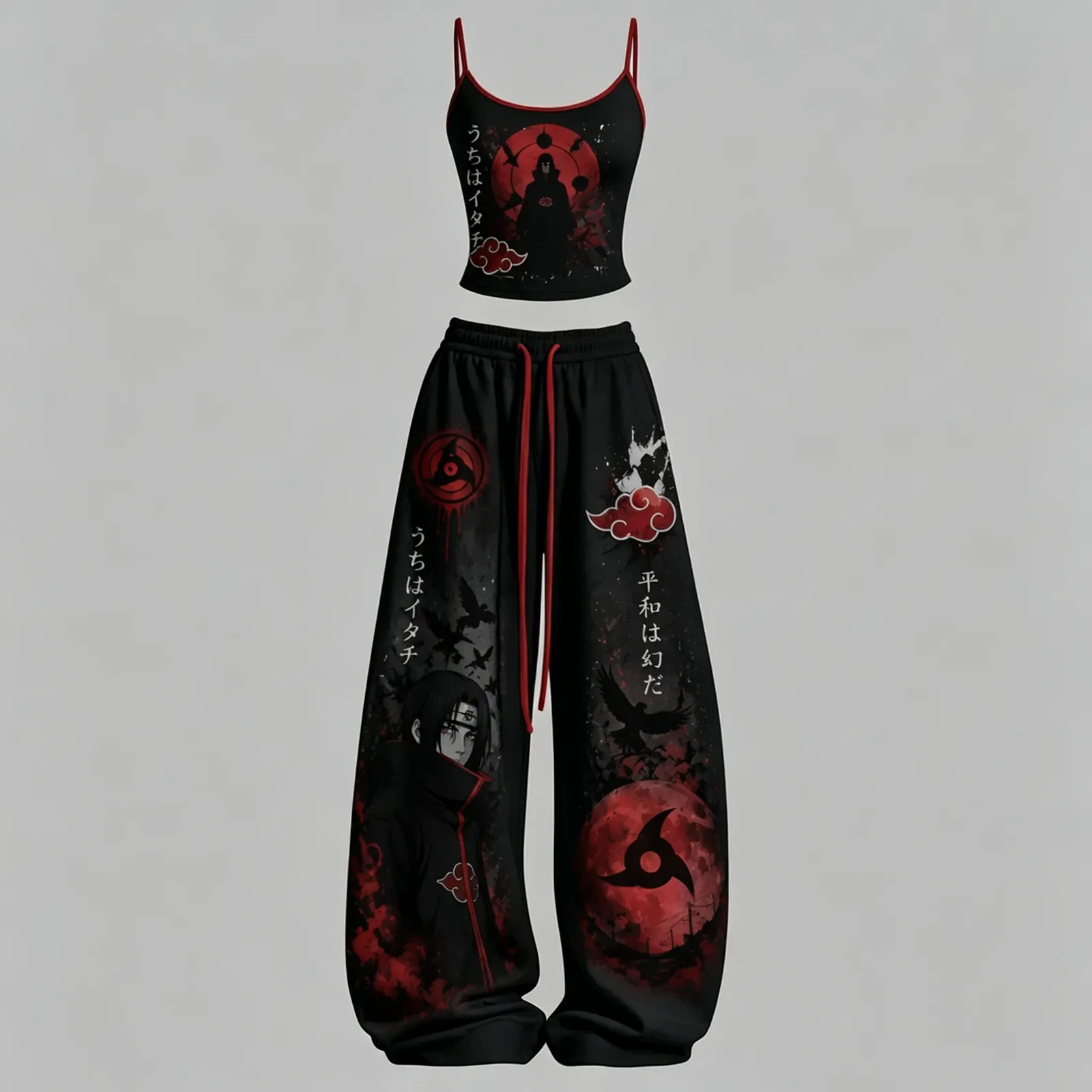 Naruto Itachi Uchiha Akatsuki Cami Crop Top and Wide Leg Trousers Set, Women's Two-Piece Lounge Outfit, Sharingan Red Moon Anime Matching Set