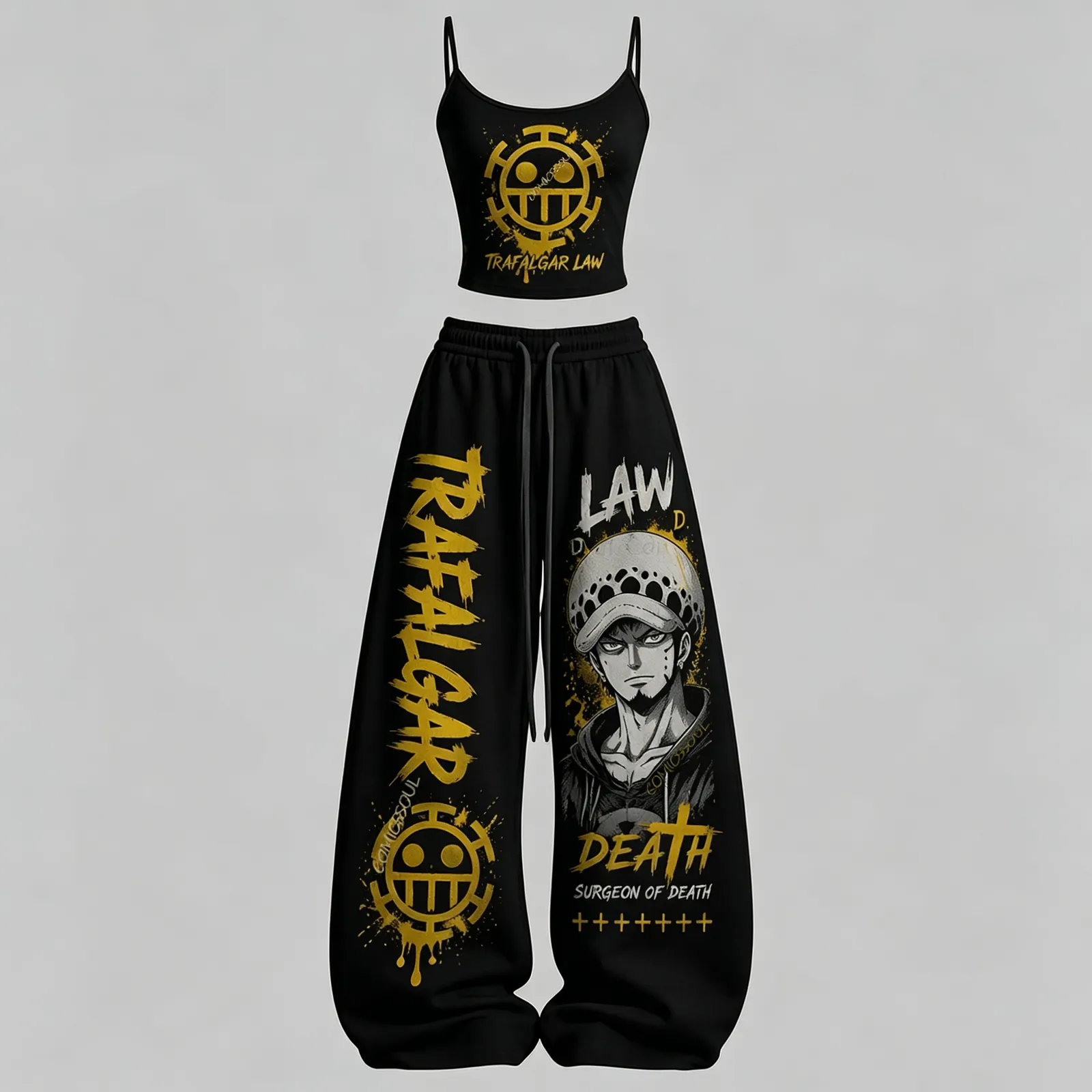 One Piece Trafalgar Law Surgeon of Death Cami Crop Top and Wide Leg Trousers Two-Piece Set, Black Yellow Anime Lounge Outfit, Women's Co-ord