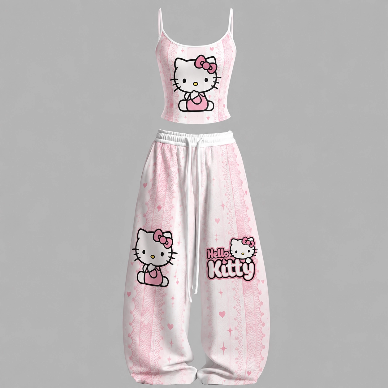 Hello Kitty Cami Top and Elasticated Trousers Two-Piece Set, Women's Pink and White Heart Print Lounge Outfit, Sanrio Kawaii Matching Set