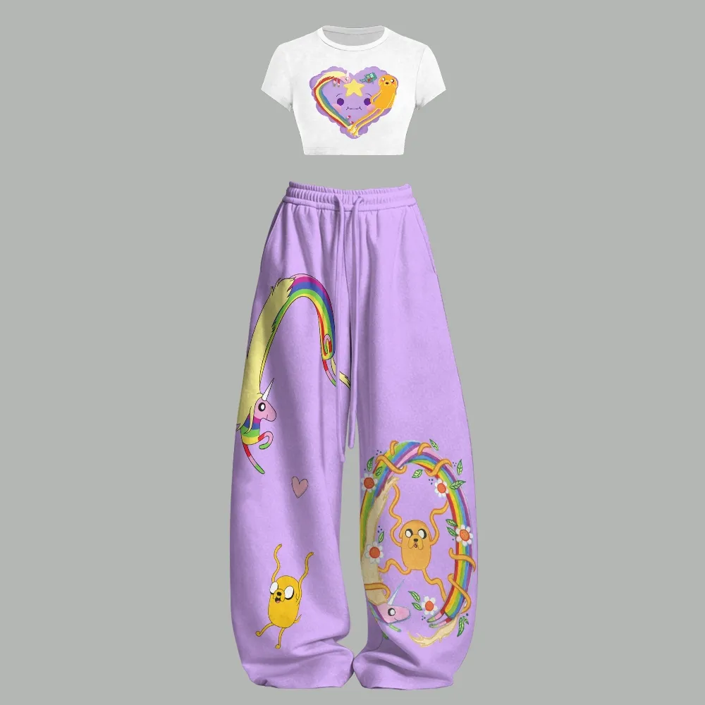 Adventure Time Women Crop Tee and Lavender Wide Leg Trousers Set, Lumpy Space Princess Jake Lady Rainicorn Two-Piece Lounge Outfit, Cartoon Set