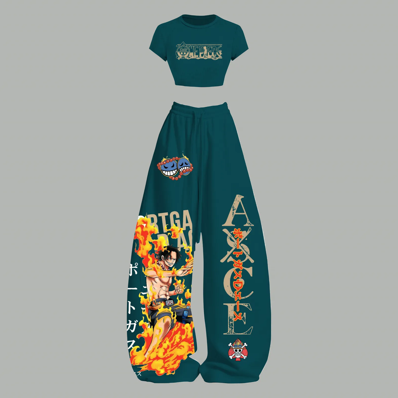 One Piece Portgas D. Ace Crop Tee and Wide Leg Trousers Set, Women's Two-Piece Lounge Outfit, Fire Fist Flames Teal Anime Matching Set Gift