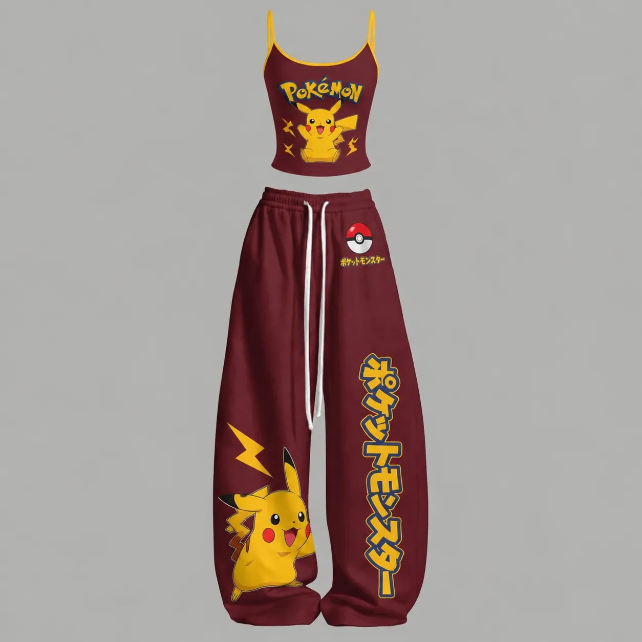 Pokémon Pikachu Cami Crop Top and Wide Leg Trousers Two-Piece Set, Burgundy Poké Ball and Japanese Logo Print, Women's Matching Lounge Outfit