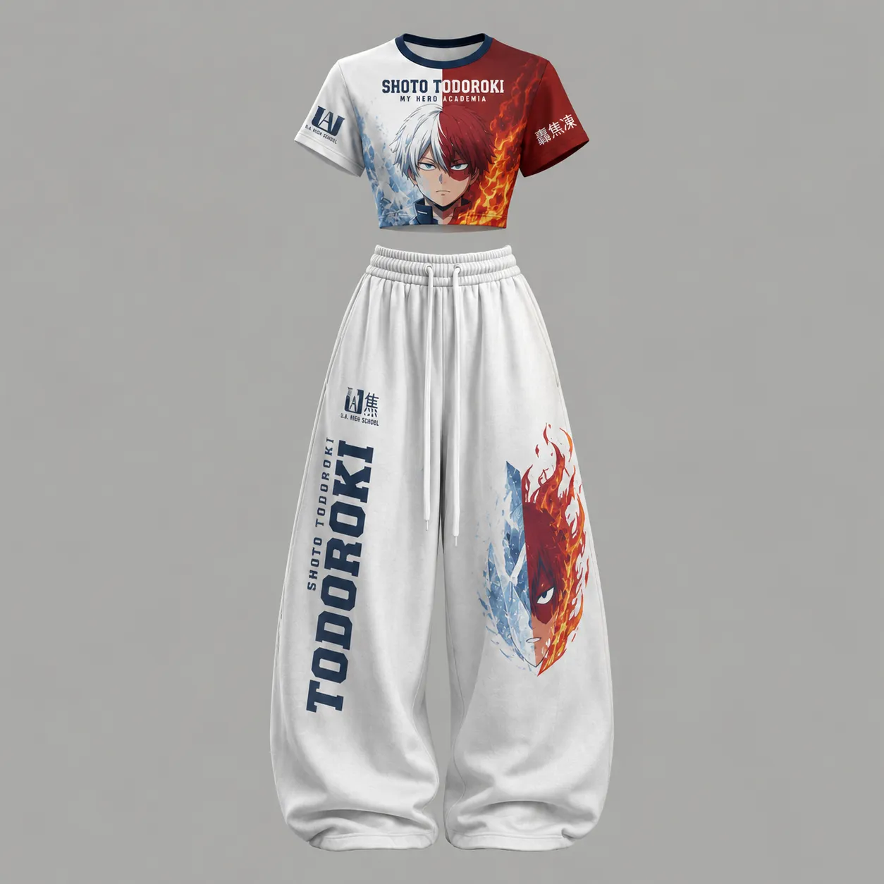 My Hero Academia Shoto Todoroki Crop Tee and Wide Leg Trousers Two-Piece Set, Women's White and Red Anime Lounge Outfit, Fire and Ice Set