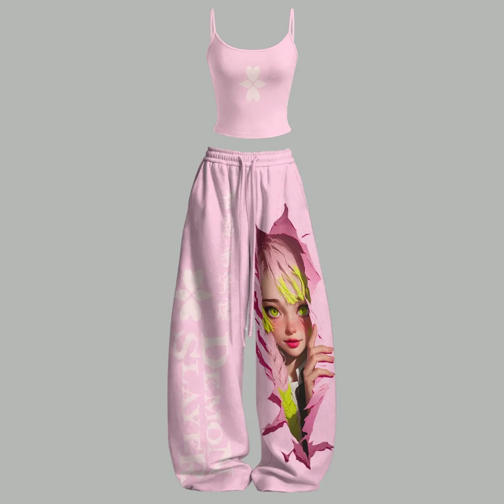 Demon Slayer Mitsuri Kanroji Cami Top and Elasticated Trousers Two-Piece Set, Women's Pastel Pink Love Hashira Anime Lounge Outfit, Kimetsu