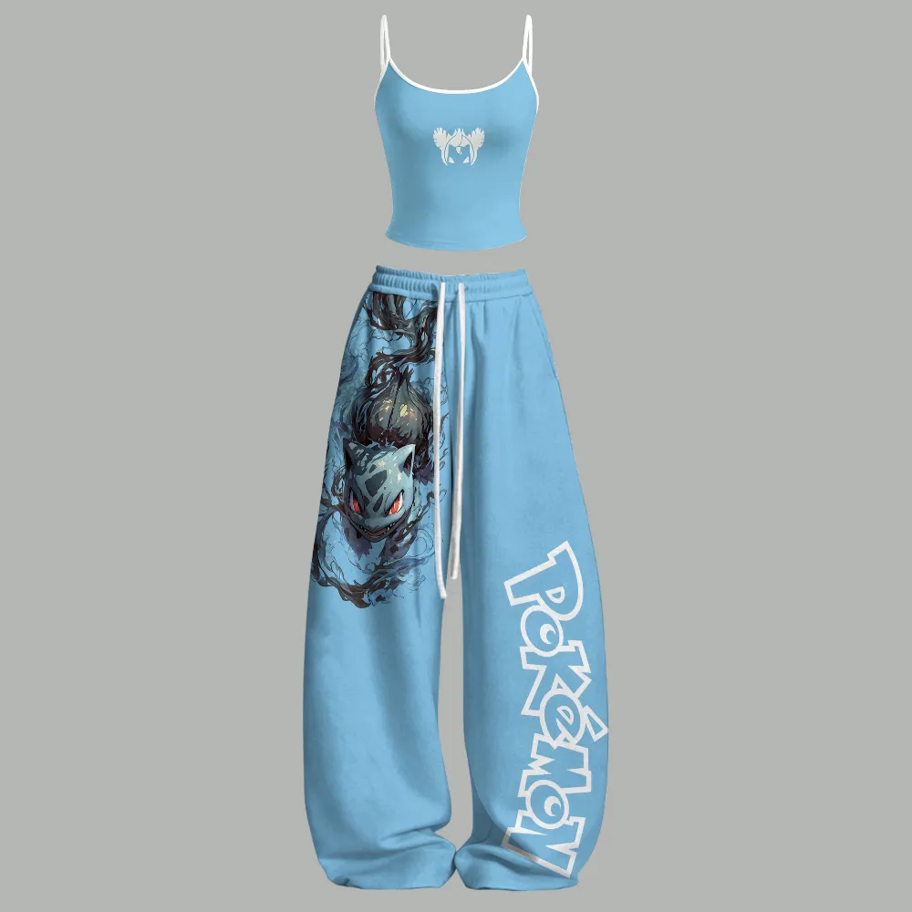 Pokemon Bulbasaur Cami Crop Top and Wide Leg Trousers Two-Piece Set, Women's Sky Blue Dark Grass Pokémon Lounge Outfit, Anime Matching Set