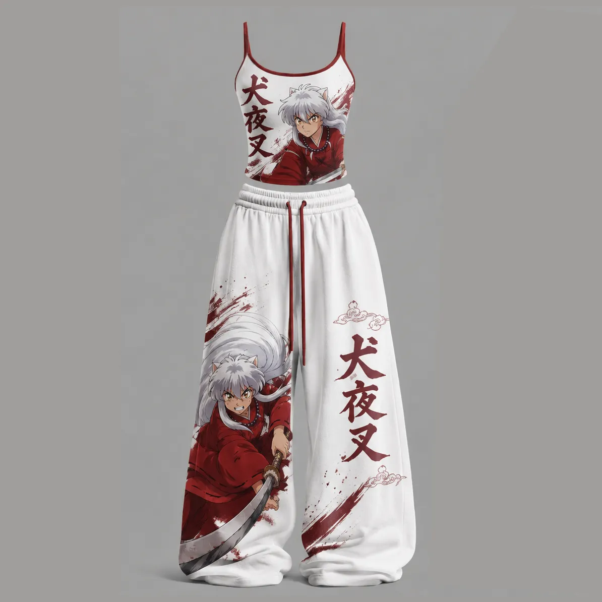 Inuyasha Red White Cami Crop Top and Wide Leg Trousers Two-Piece Set, Japanese Kanji Anime Lounge Outfit, Women's Matching Co-ord for Fans