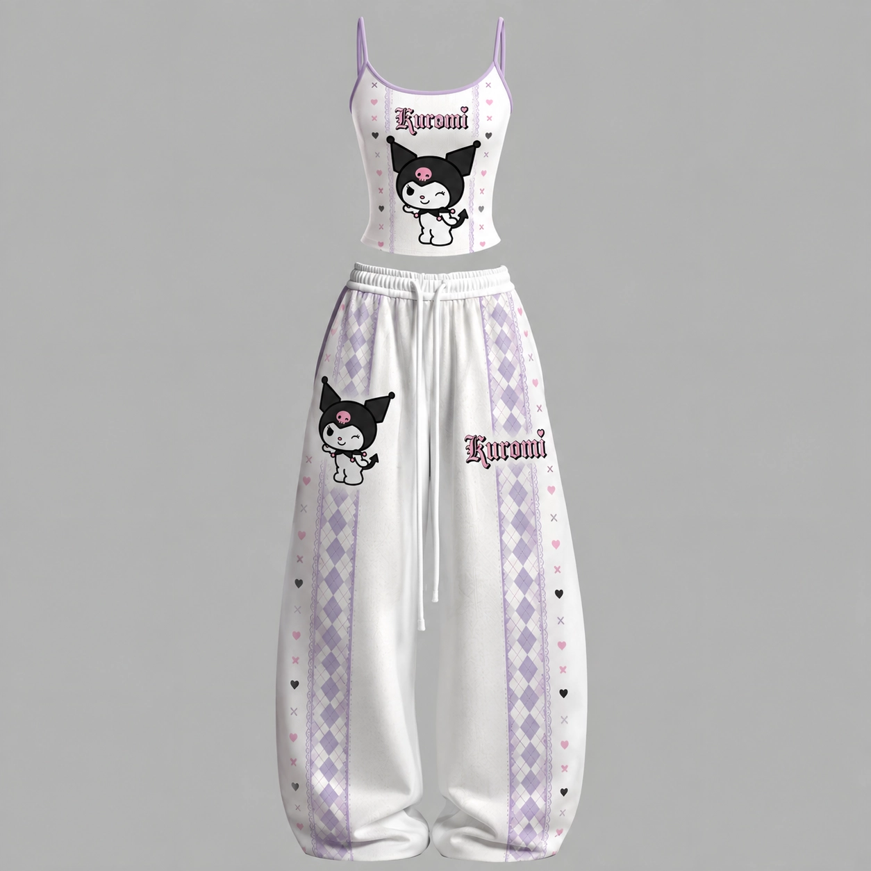 Hello Kitty Kuromi Cami Crop Top and Wide Leg Trousers Two-Piece Set, Women's White and Lavender Argyle Lounge Outfit, Sanrio Kawaii Matching Set