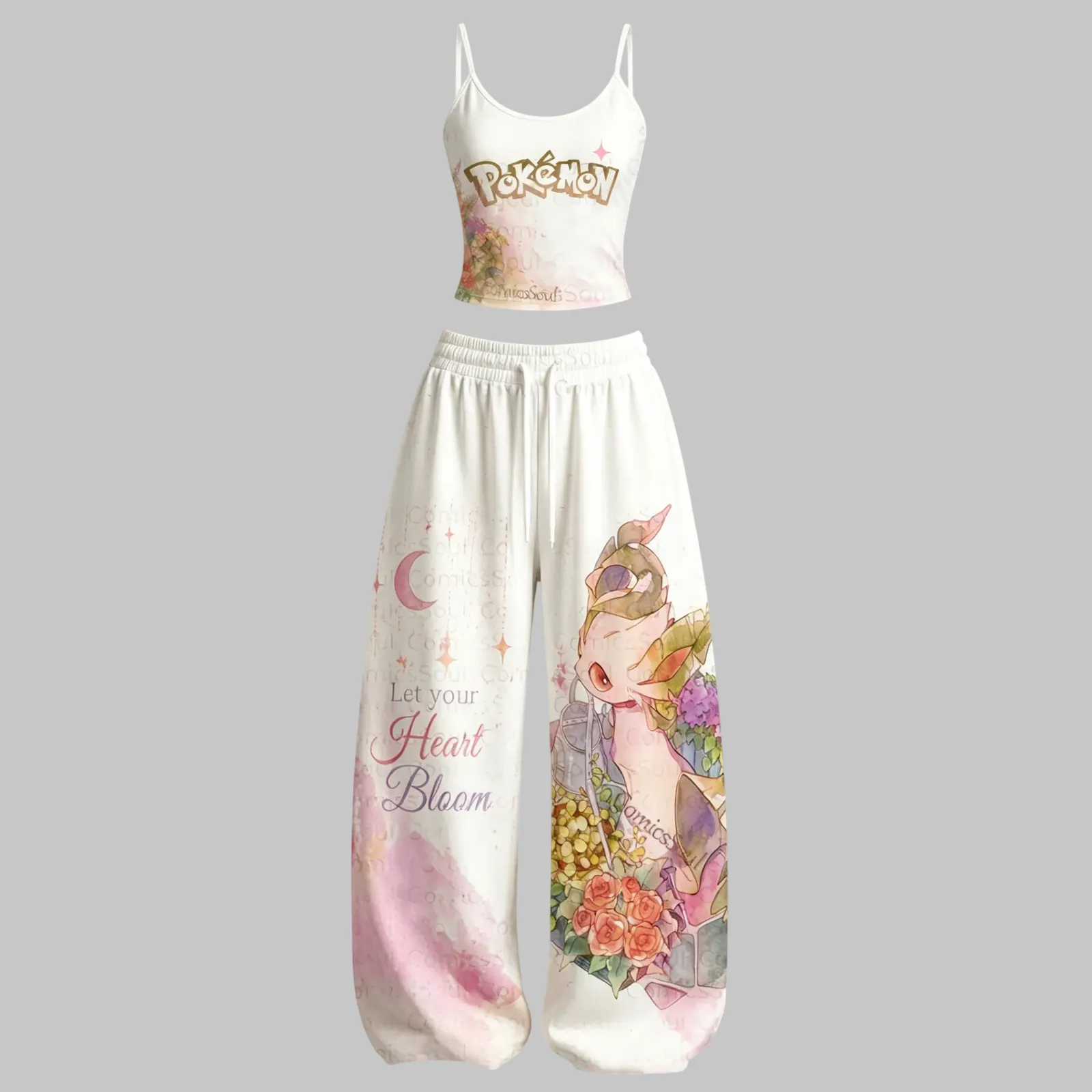 Pokémon Leafeon Let Your Heart Bloom Cami Crop Top and Wide Leg Trousers Two-Piece Set, Women's Watercolor Floral Matching Lounge Outfit