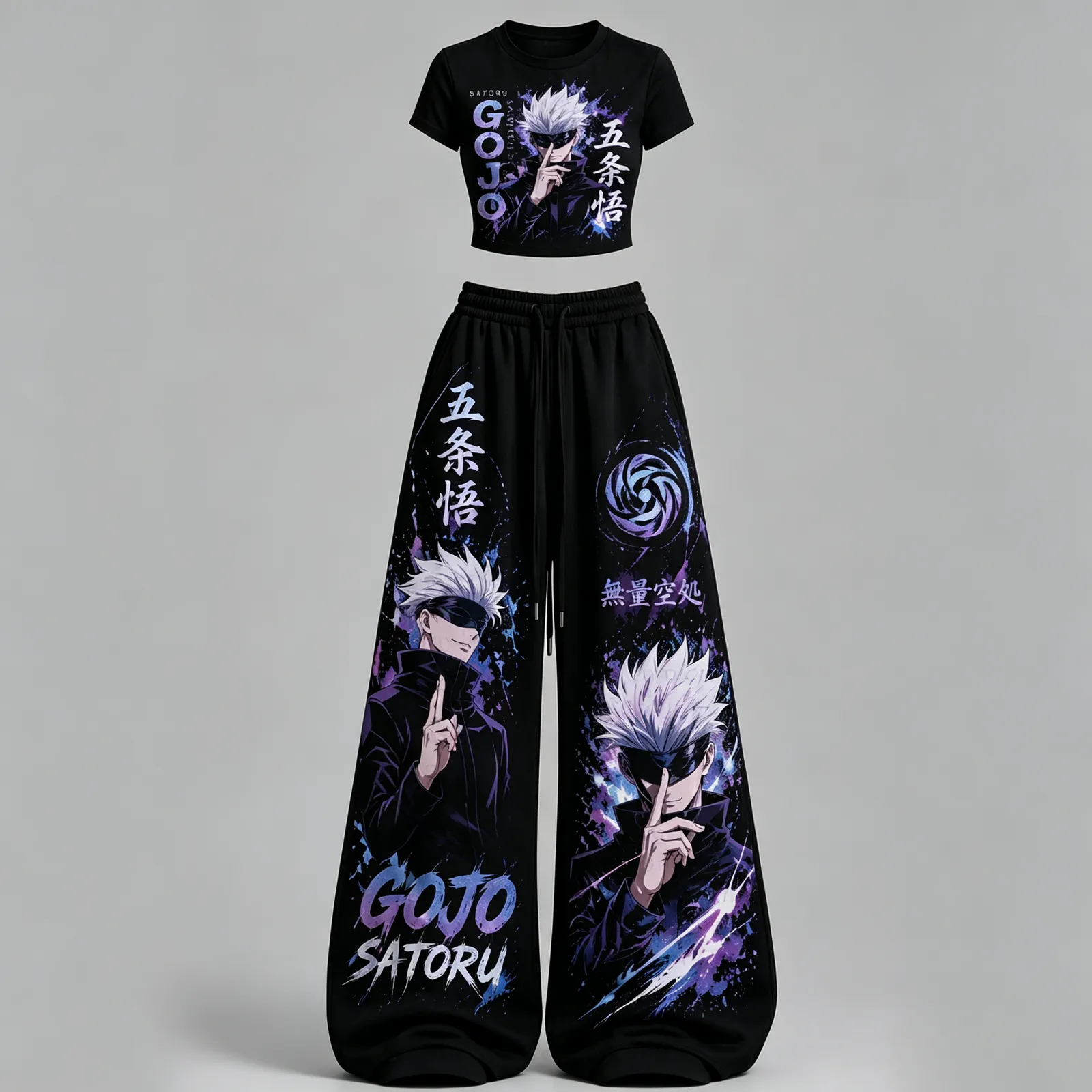Jujutsu Kaisen Gojo Satoru Infinity Crop Tee and Wide Leg Trousers Two-Piece Set, Women's Domain Expansion Black Anime Matching Outfit