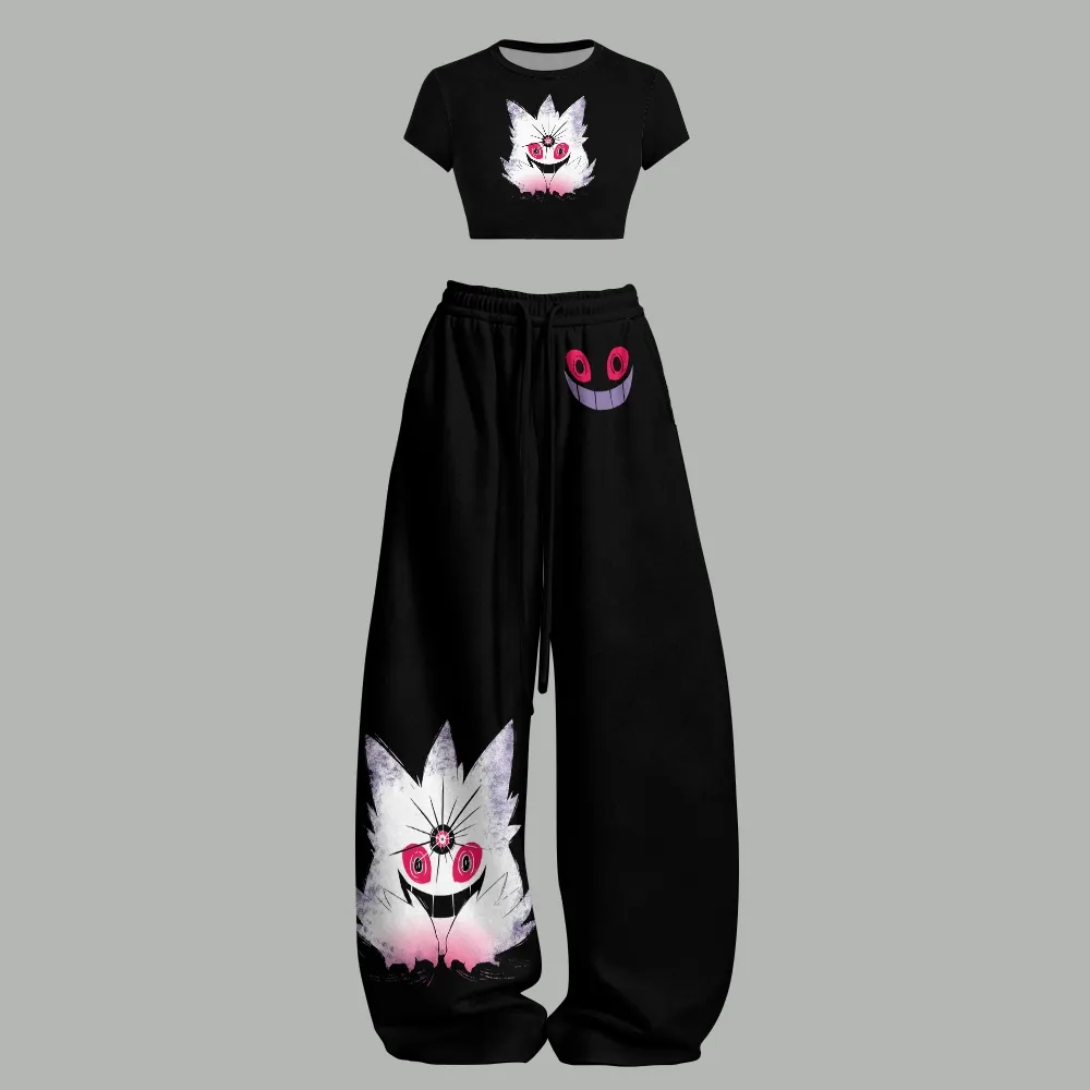 Pokémon Mega Gengar Crop Tee and Wide Leg Trousers Two-Piece Set, Women's Ghost Type Black Matching Lounge Outfit, Anime Gamer Gift