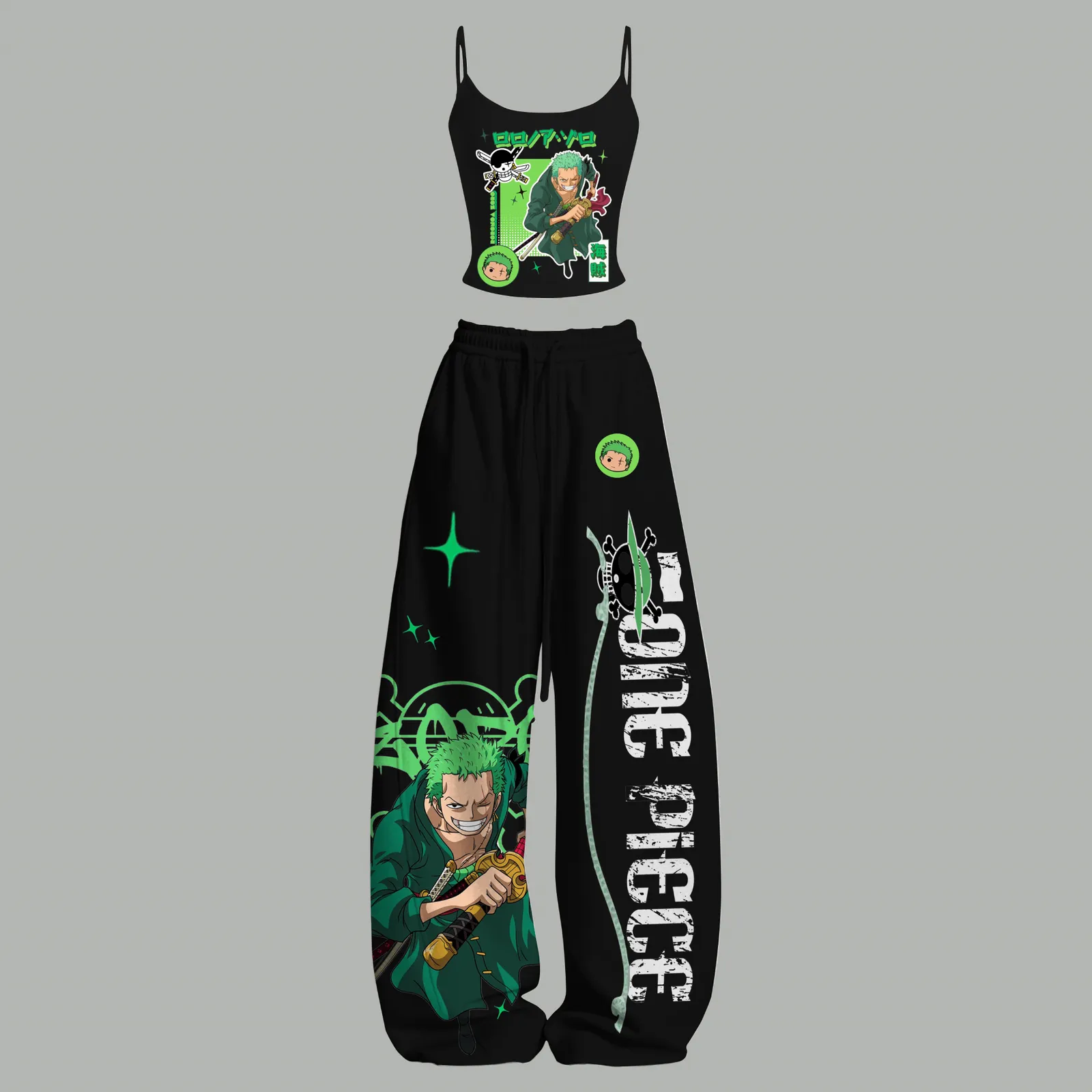 One Piece Roronoa Zoro Cami Top and Elasticated Trousers Two-Piece Set, Women's Black and Neon Green Anime Lounge Outfit, Straw Hat Pirates