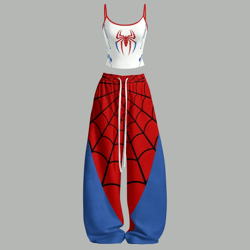 Spider-Man Cami Crop Top and Wide Leg Trousers Two-Piece Set, Women's Red and Blue Web Print Lounge Outfit, Marvel Superhero Matching Set