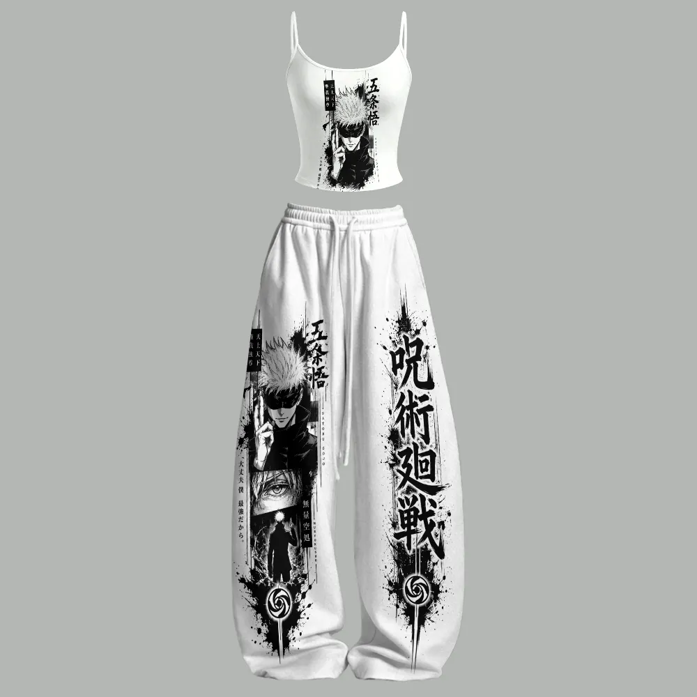 Jujutsu Kaisen Satoru Gojo Cami Crop Top and Wide Leg Trousers Two-Piece Set, Women's White and Black Anime Lounge Outfit, Ink Brush Kanji Set
