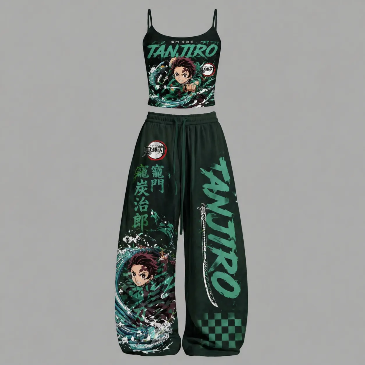 Demon Slayer Tanjiro Kamado Water Breathing Cami Crop Top and Elasticated Wide Leg Trousers Two-Piece Set, Women's Dark Green Checkered Outfit