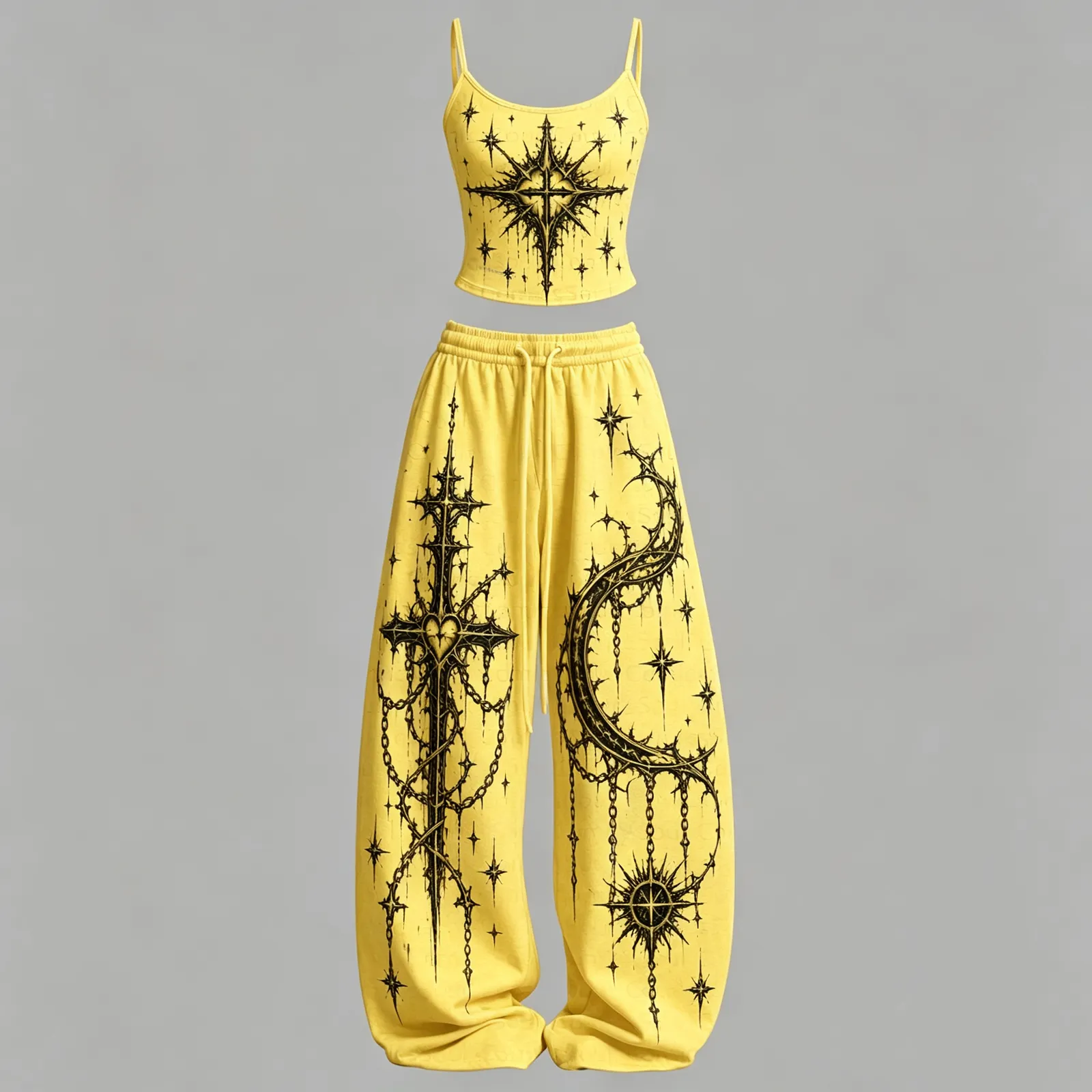 Gothic Heart Cami Crop Top and Wide Leg Trousers Two-Piece Set, Yellow Thorn Cross Crescent Moon and Chain Print, Women's Alt Lounge Outfit