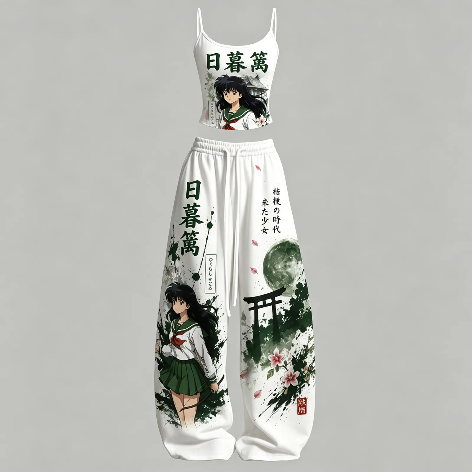 Inuyasha Kagome Higurashi Cami Crop Top and Wide Leg Trousers Two-Piece Set, Women's White and Green Ink Torii Gate Anime Lounge Outfit