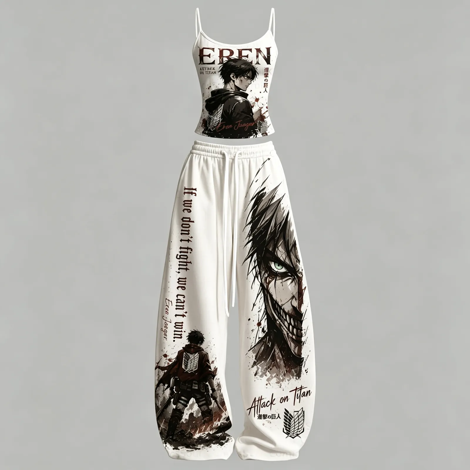 Attack on Titan Eren Jaeger Survey Corps Cami Crop Top and Elasticated Wide Leg Trousers Two-Piece Set, Women's White Ink Splash Anime Outfit