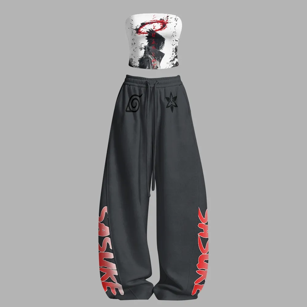 Naruto Sasuke Uchiha Strapless Tube Top and Wide Leg Trousers Two-Piece Set, Women's Grey and Red Sharingan Anime Lounge Outfit, Uchiha Fan Gift