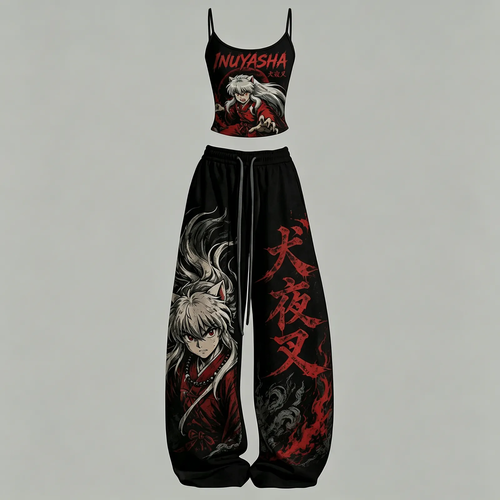 Inuyasha Cami Crop Top and Wide Leg Trousers Two-Piece Set, Women's Black and Red Half Demon Anime Lounge Outfit, Japanese Kanji Matching Set