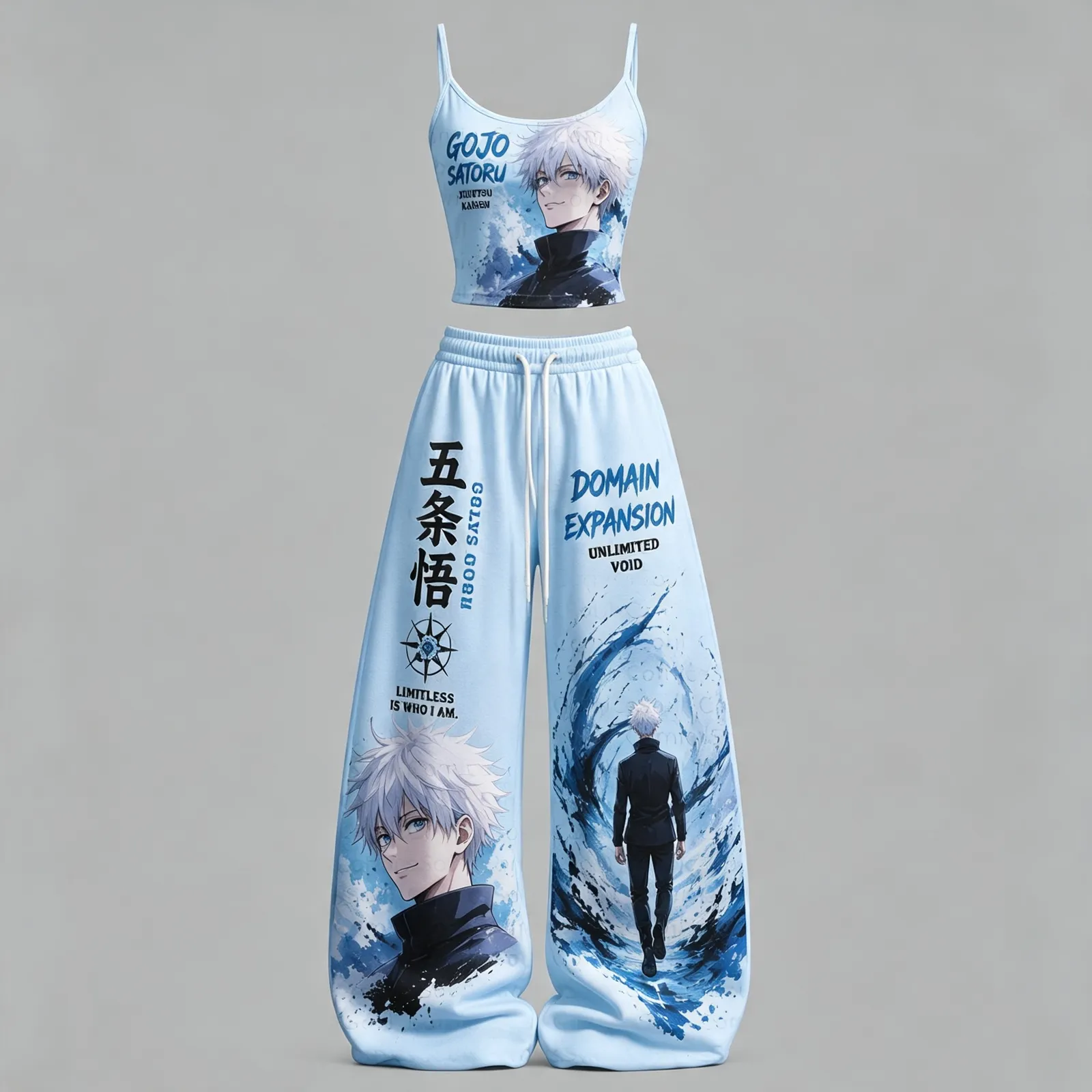 Jujutsu Kaisen Gojo Satoru Domain Expansion Cami Crop Top and Wide Leg Trousers Set, Women's Two-Piece Lounge Outfit, Limitless Ice Blue Set