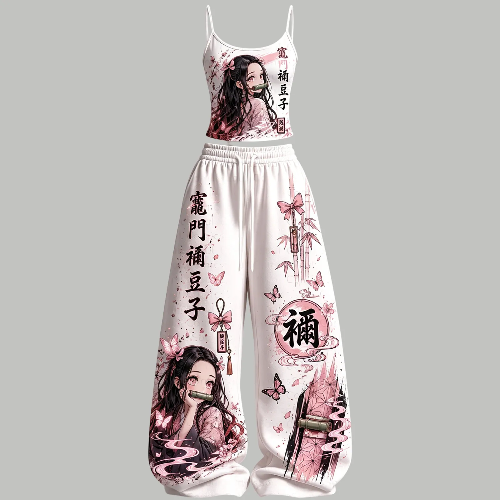 Demon Slayer Nezuko Kamado Cami Top and Elasticated Trousers Two-Piece Set, Women's White and Pink Bamboo Butterfly Anime Lounge Outfit