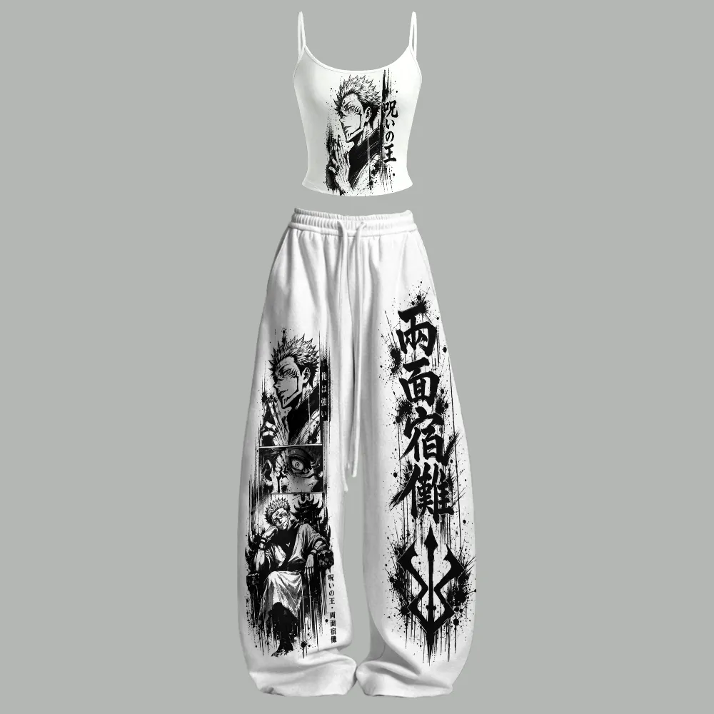 Jujutsu Kaisen Ryomen Sukuna Ink Sketch Cami Top and Elasticated Trousers Two-Piece Set, Women's White and Black Anime Lounge Outfit