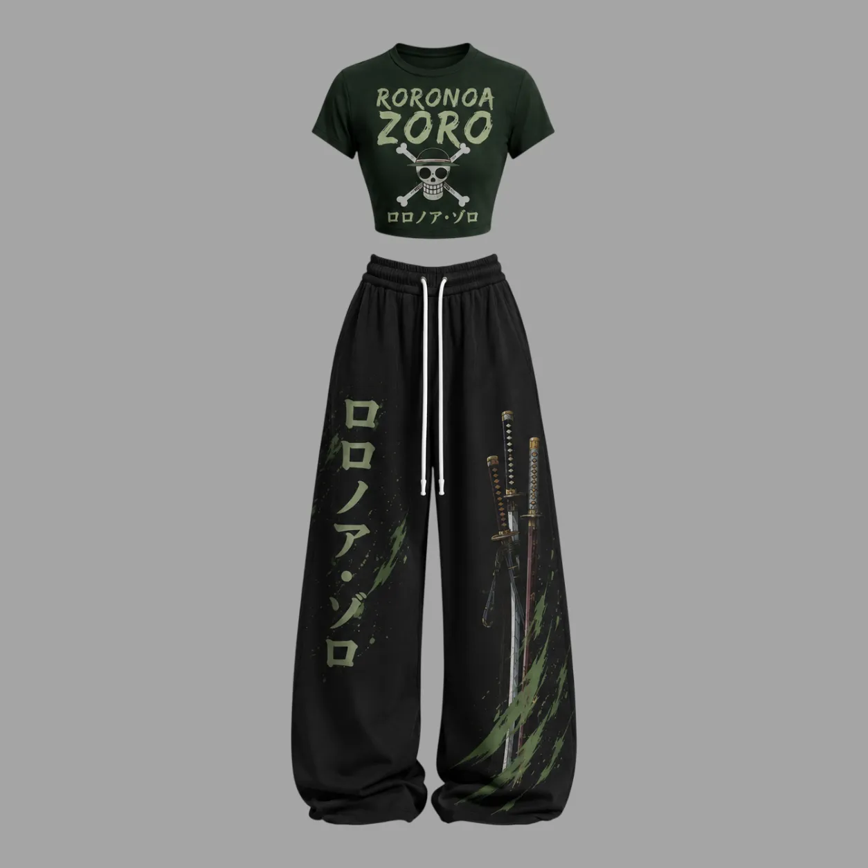 One Piece Roronoa Zoro Crop Tee Top and Elasticated Trousers Two-Piece Set, Women's Green and Black Anime Lounge Outfit, Pirate Matching Set