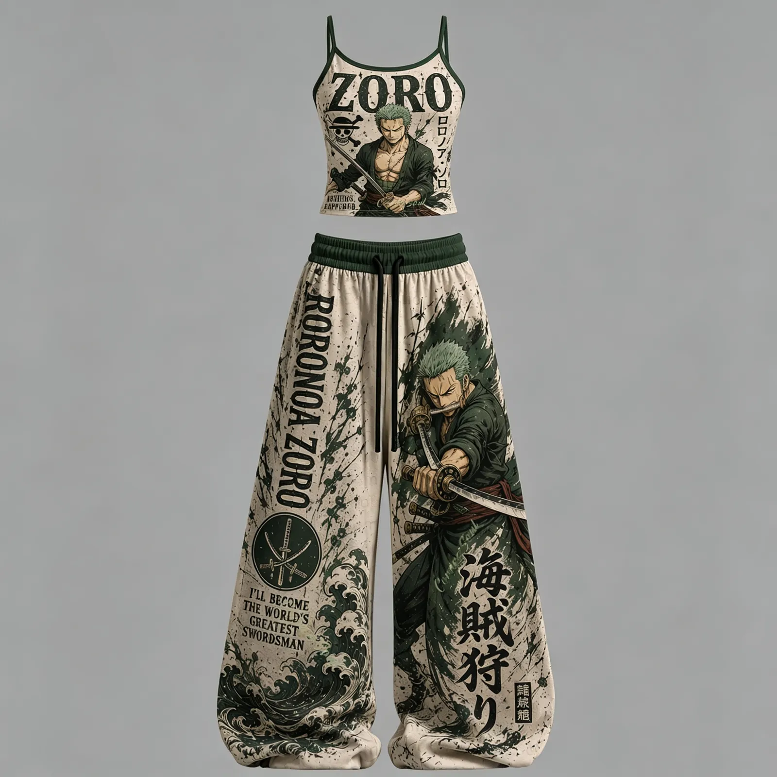 One Piece Roronoa Zoro Pirate Hunter Cami Crop Top and Elasticated Wide Leg Trousers Two-Piece Set, Women's Cream and Green Ink Splash Outfit
