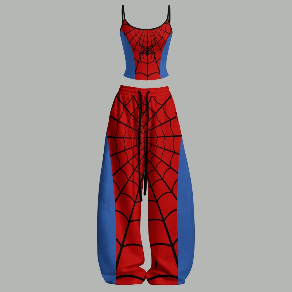Spider-Man Web Print Cami Crop Top and Wide Leg Trousers Two-Piece Set, Women's Marvel Superhero Matching Lounge Outfit