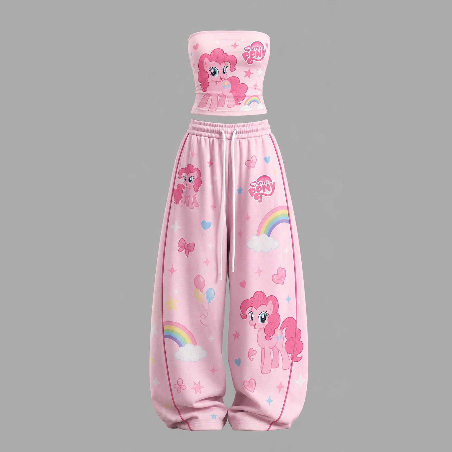 My Little Pony Pinkie Pie Strapless Tube Top and Elasticated Trousers Two-Piece Set, Women's Pink Rainbow Lounge Outfit, Pony Matching Set