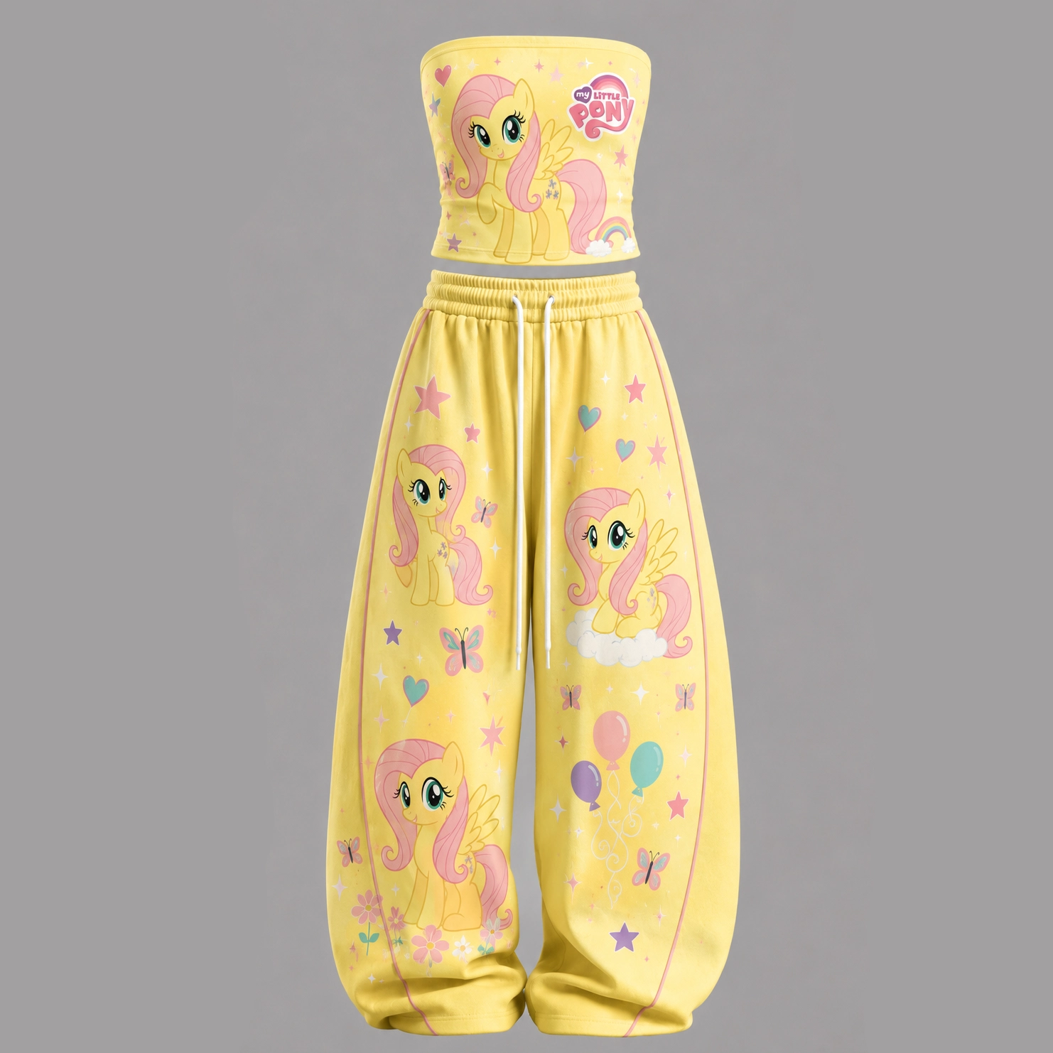 My Little Pony Fluttershy Strapless Tube Top and Elasticated Trousers Two-Piece Set, Women's Yellow Butterfly Rainbow Lounge Outfit, Pony Set