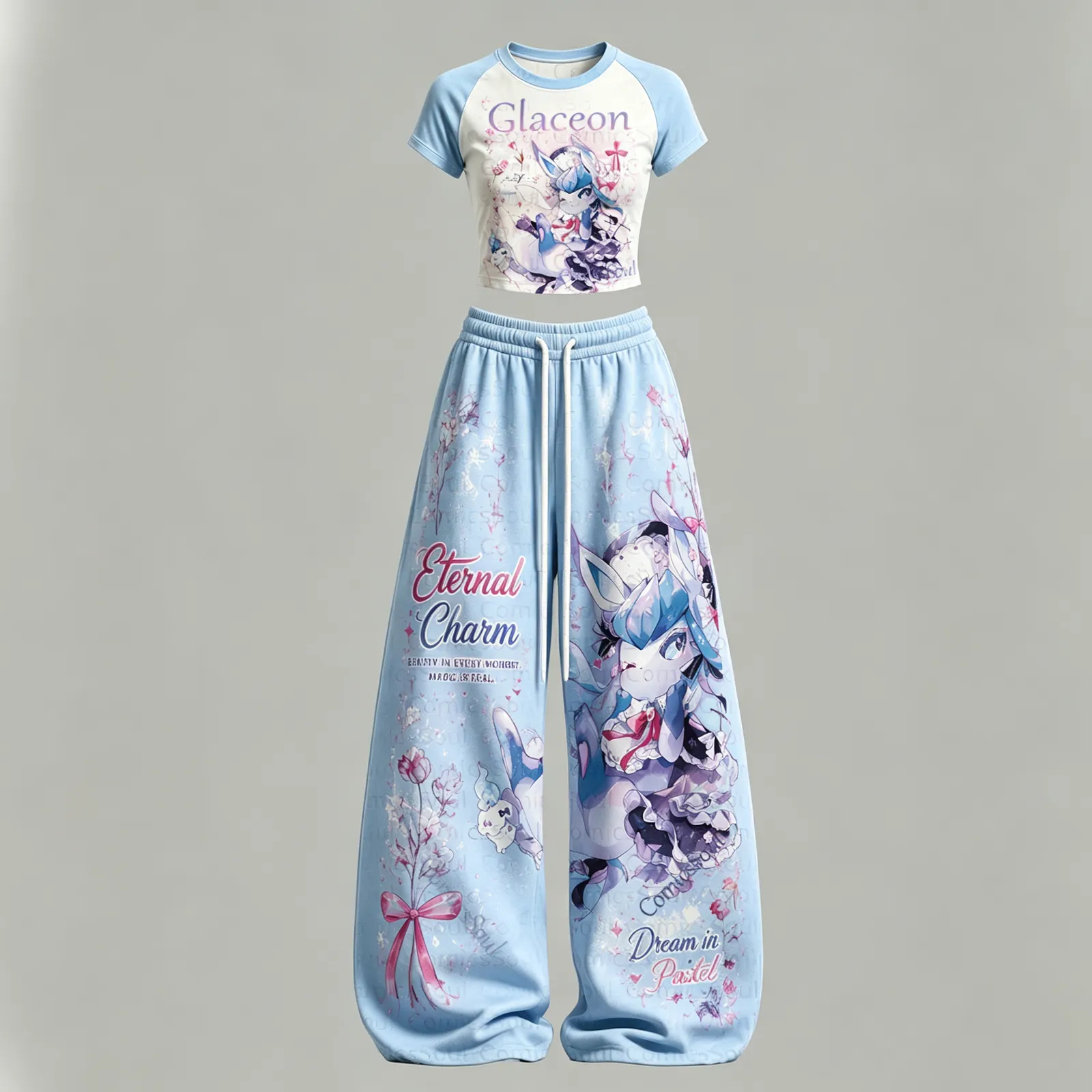 Pokémon Glaceon Crop Tee and Wide Leg Trousers Two-Piece Set, Women's Pastel Blue Anime Lounge Outfit, Eternal Charm Dream in Pastel Matching Set