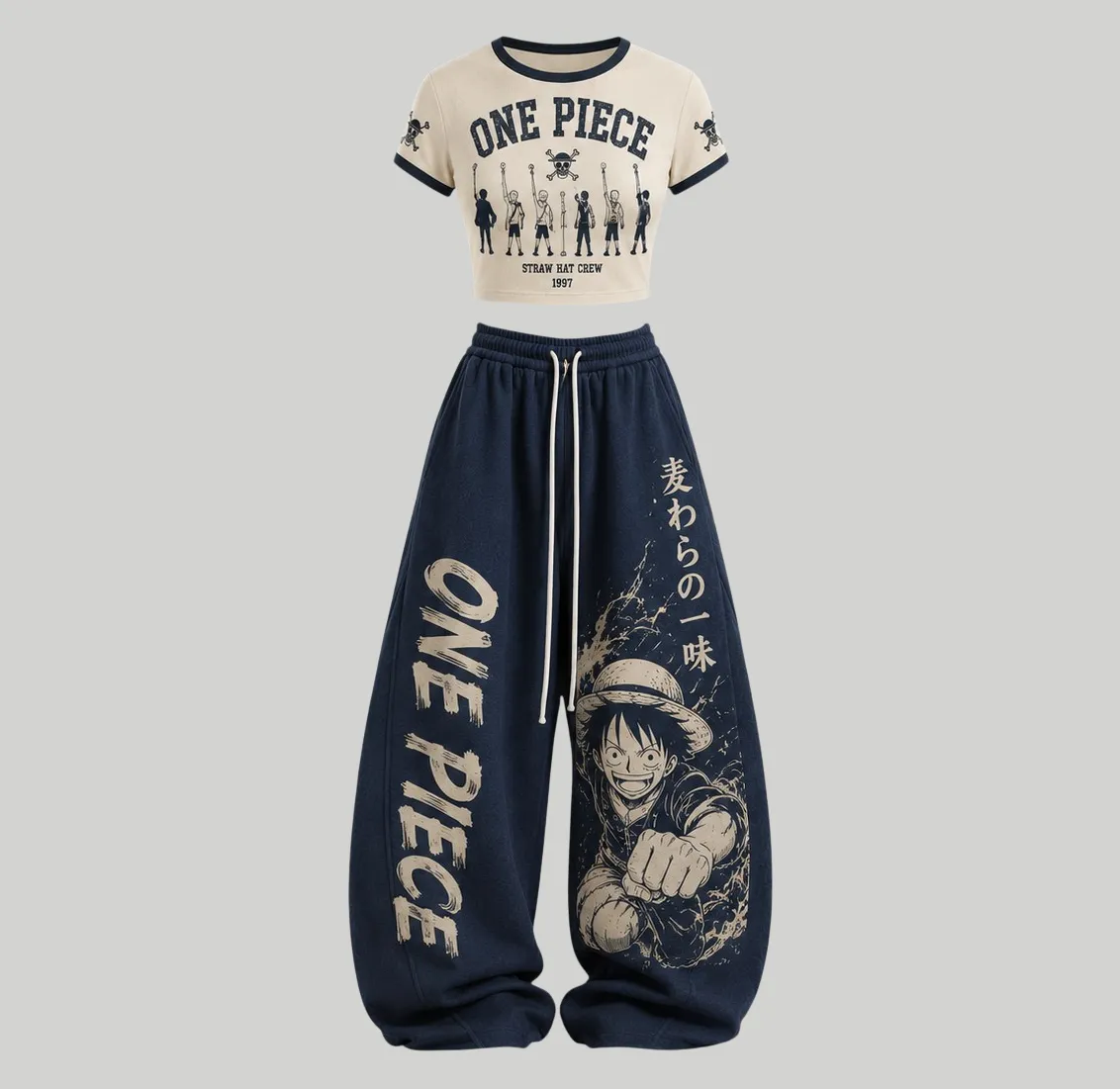 One Piece Straw Hat Crew 1997 Crop Tee and Elasticated Wide Leg Trousers Two-Piece Set, Women's Navy and Cream Varsity Luffy Anime Outfit