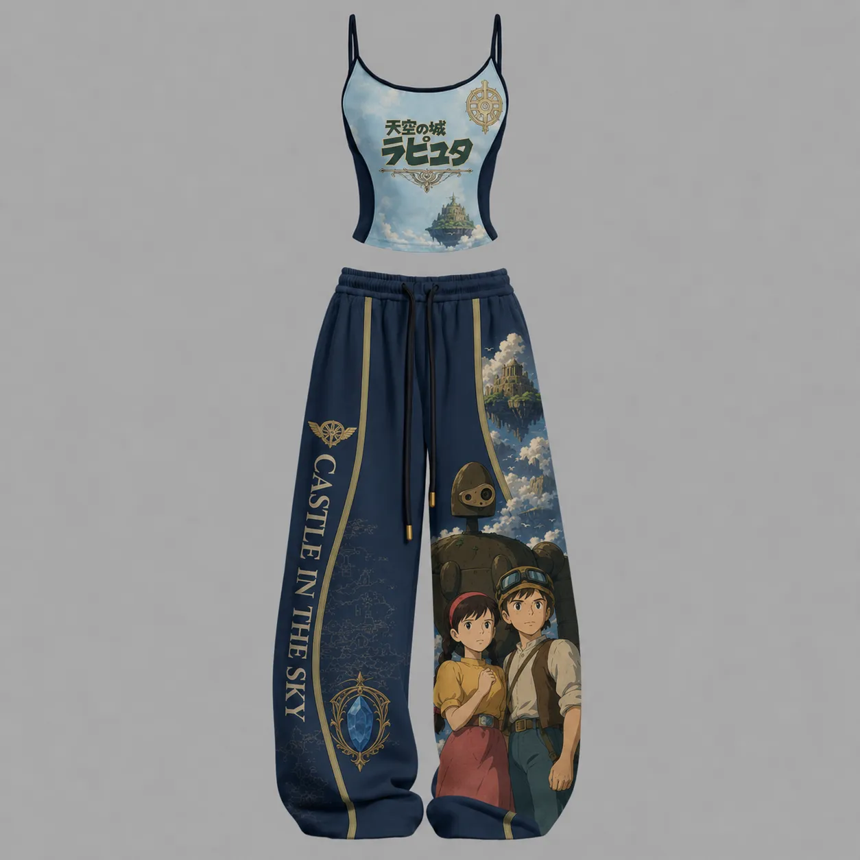 Castle in the Sky Laputa Sheeta and Pazu Cami Crop Top and Wide Leg Trousers Two-Piece Set, Women's Navy and Sky Blue Studio Ghibli Lounge Outfit