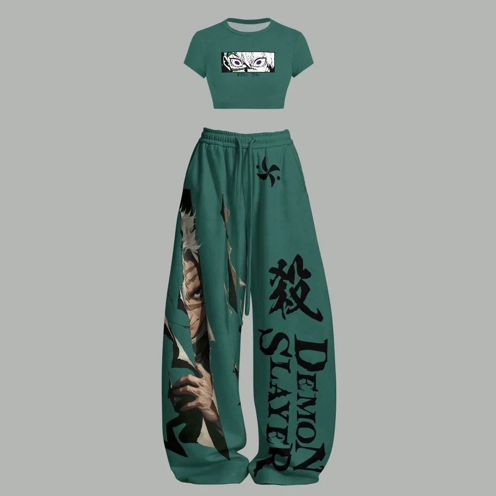 Demon Slayer Sanemi Shinazugawa Women Crop T-Shirt and Elasticated Trousers Two-Piece Set, Teal Wind Hashira Anime Lounge Outfit, Kimetsu