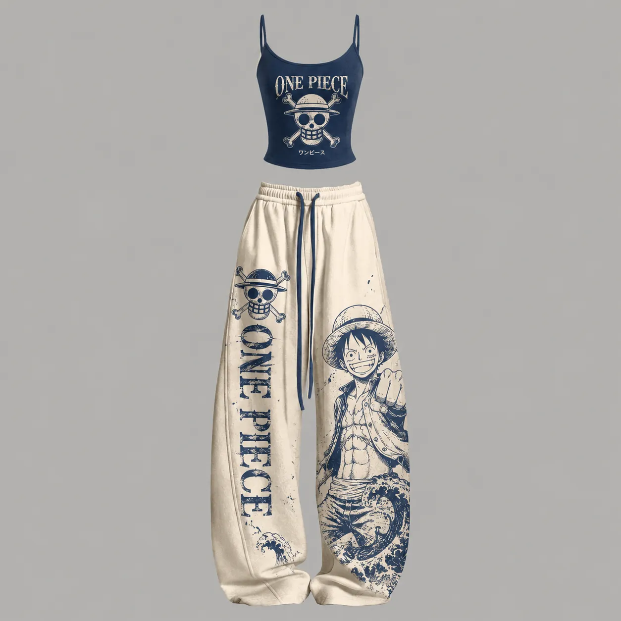 One Piece Straw Hat Jolly Roger Cami Crop Top and Wide Leg Trousers Set, Women's Two-Piece Lounge Outfit, Monkey D. Luffy Navy and Cream Set