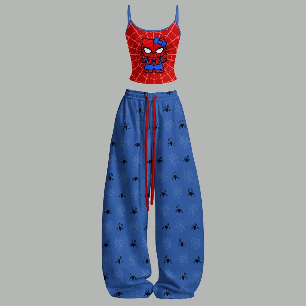 Spider-Man Hello Kitty Cami Top and Elasticated Trousers Two-Piece Set, Women's Red and Blue Spider Web Lounge Outfit, Cute Superhero Set