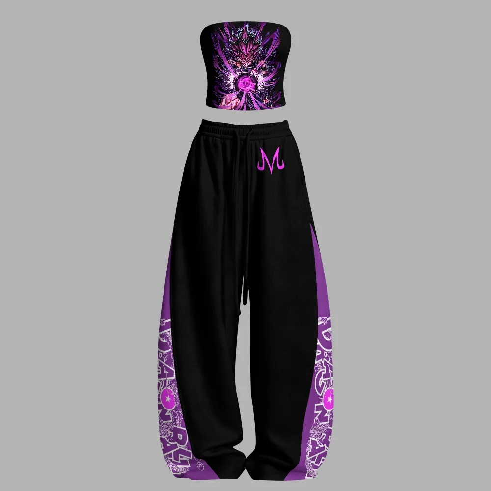 Dragon Ball Majin Vegeta Strapless Tube Top and Wide Leg Trousers Set, Women's Two-Piece Lounge Outfit, Purple Ki Blast Anime Matching Set