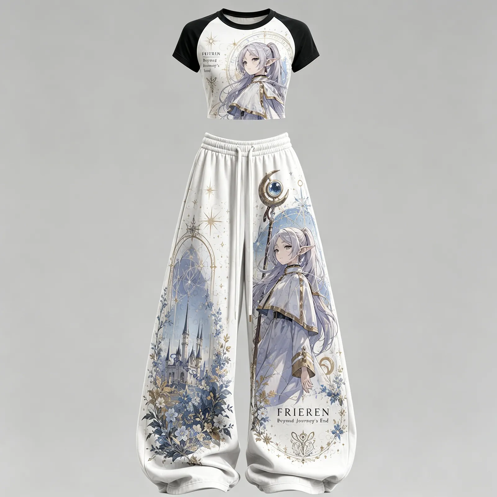 Frieren Beyond Journey's End Raglan Crop T-Shirt and Elasticated Trousers Two-Piece Set, Women's White and Blue Castle Anime Lounge Outfit